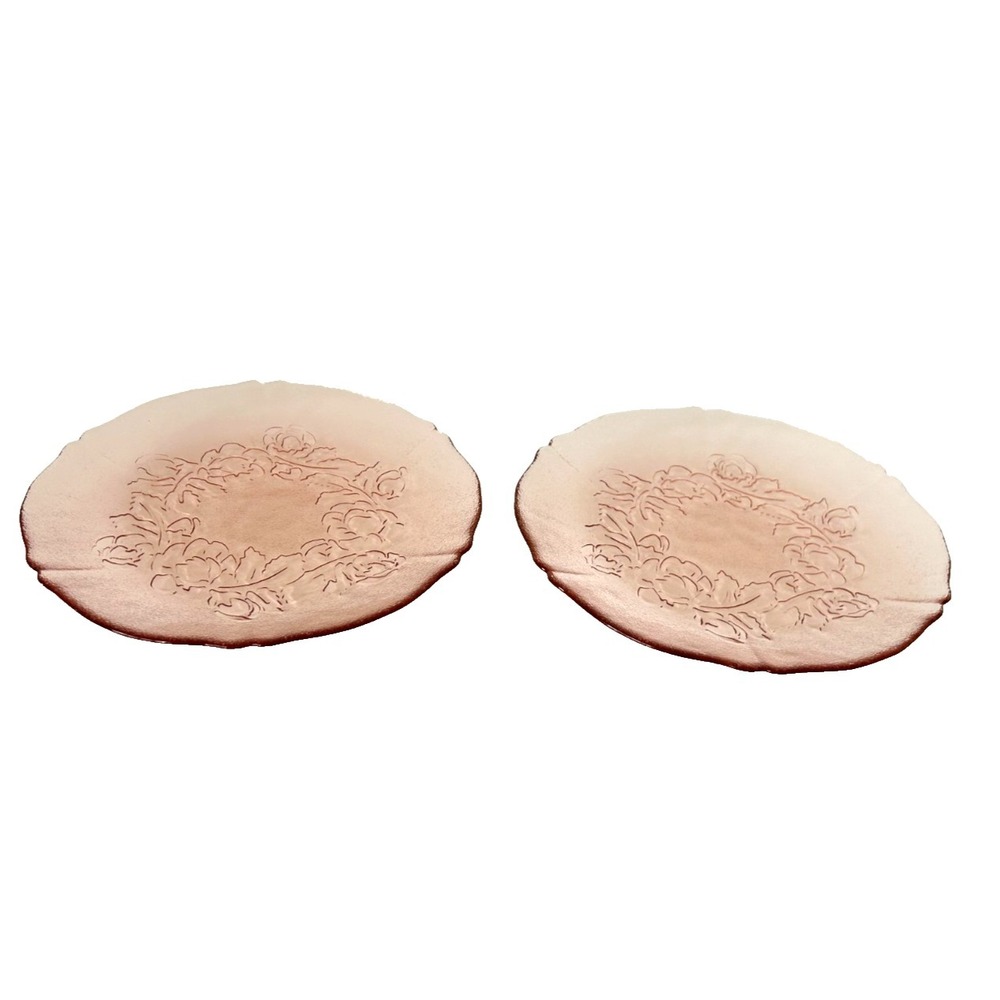 Vintage Arcoroc Rosaline Pink Rose Glass Salad Plates Set of 2 Made France 7.5"